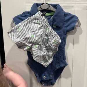 Carter's Navy Polo Bodysuit with Striped Bloomers and Green lime Accents